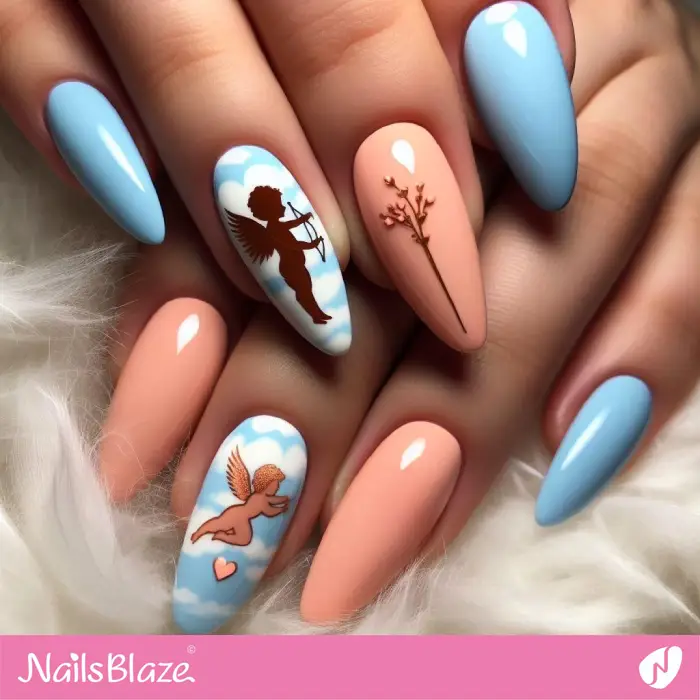 Peach Fuzz and Blue Nails with Cupid Angeles in the Cloud | Valentine Nails - NB2355